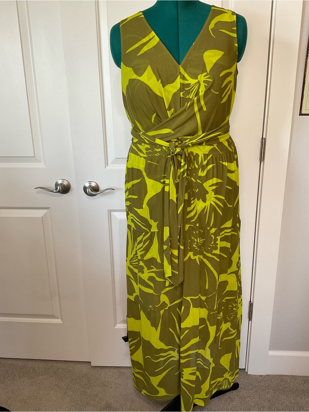 CAbi Olive and Lime Floral Wrap Maxi Dress
